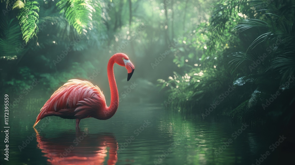 Poster graceful pink flamingo wading in serene lake surrounded by lush greenery and soft morning mist in a 