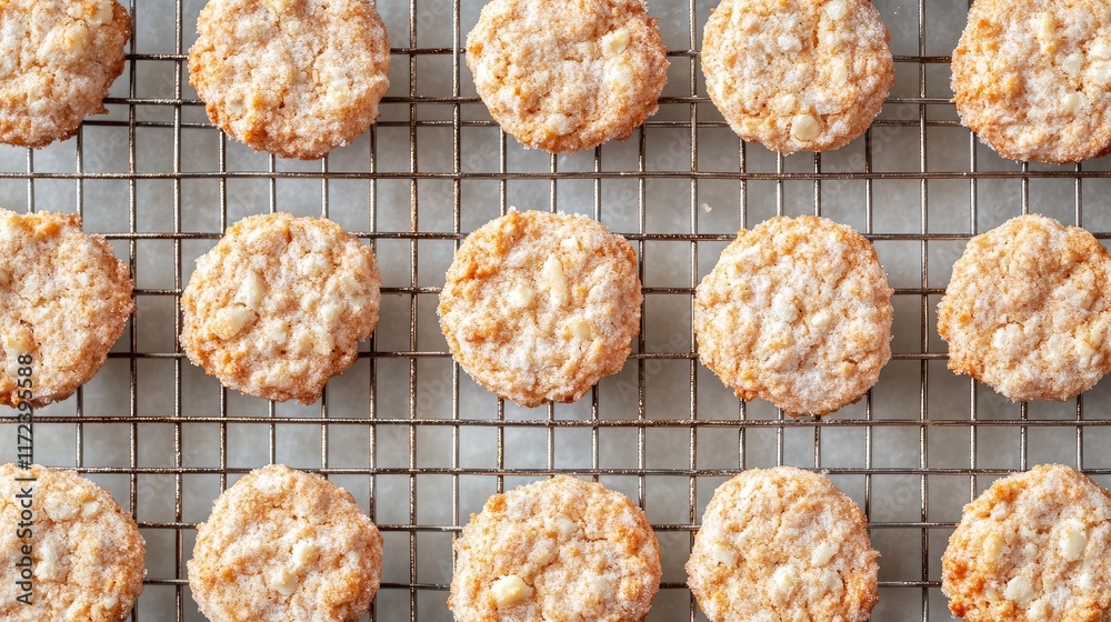 Poster Overhead view of golden cookies arranged neatly on a cooling rack freshly baked and ready to be enjoyed