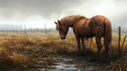 Fototapeta premium Neglected pony in a misty field showcasing unkempt fur and a serene yet melancholic atmosphere reflecting rural solitude and freedom.