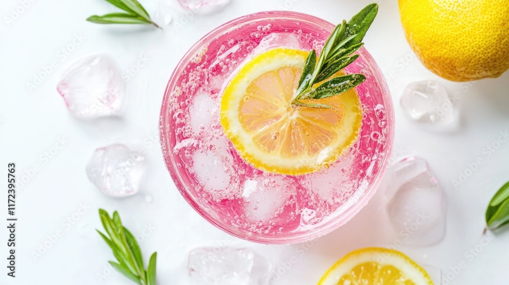 Poster refreshing pink cocktail with lemon garnish and ice on white background perfect for summer events an