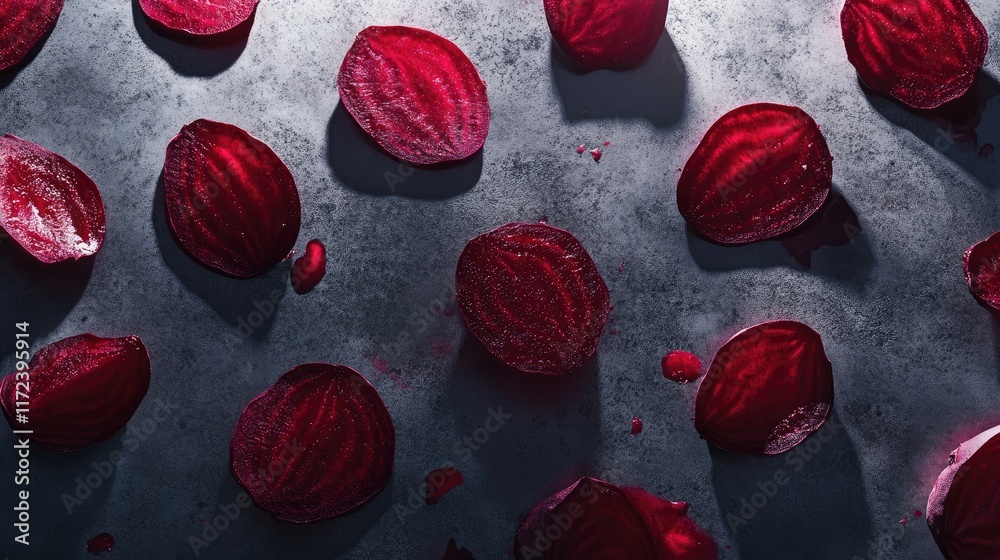 Poster overhead view of sliced organic beetroot pieces arranged artistically on a textured dark surface wit