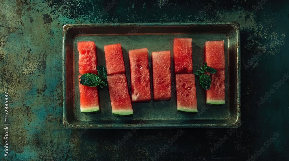 Poster overhead view of fresh watermelon slices arranged on a rustic tray with mint leaves for a vibrant su