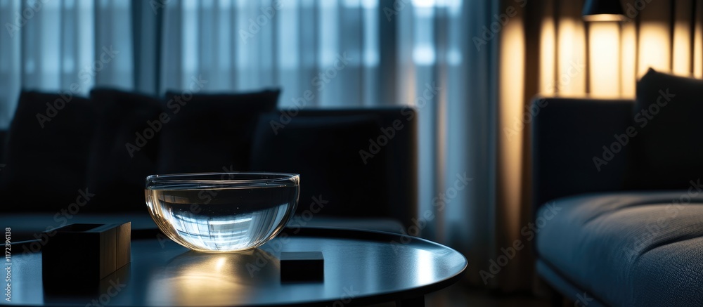 Aufkleber Serene setting with a transparent glass filled with water illuminated by soft light creating a calming atmosphere in a dark room