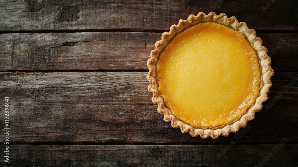 Aufkleber delicious tart displayed from overhead perspective on a rustic wooden table showcasing its golden fi
