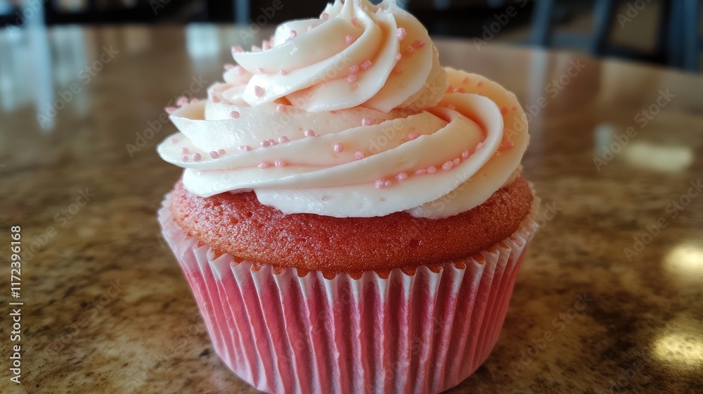 Poster delicious pink cupcake with creamy white frosting and decorative sprinkles on a rustic table setting