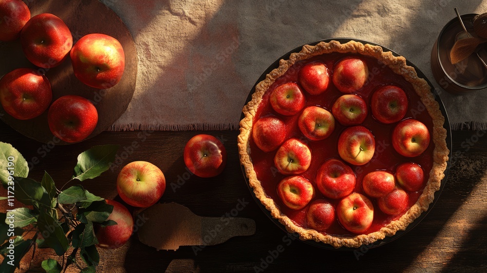 Poster overhead view of fresh red apples and a baked apple pie on a rustic kitchen counter with natural lig