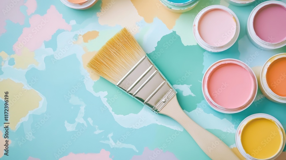 Poster Overhead view of a paint brush with vibrant sample paint pots on a colorful abstract background