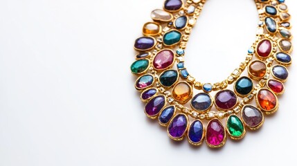 Obraz premium Elegant gold necklace adorned with vibrant gemstones artfully arranged against a clean white background showcasing luxury and sophistication
