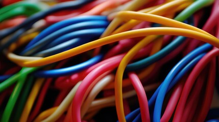 Colorful tangled network cables in an abstract composition showcasing technology and connectivity themes for digital media and design projects.
