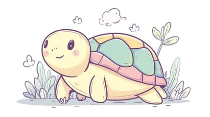 Fototapeta premium A joyful turtle with a rainbow-striped pastel shell, surrounded by soft pastel highlights, thin hand-drawn lines, clean white background, kawaii aesthetic, minimalistic and charming design,