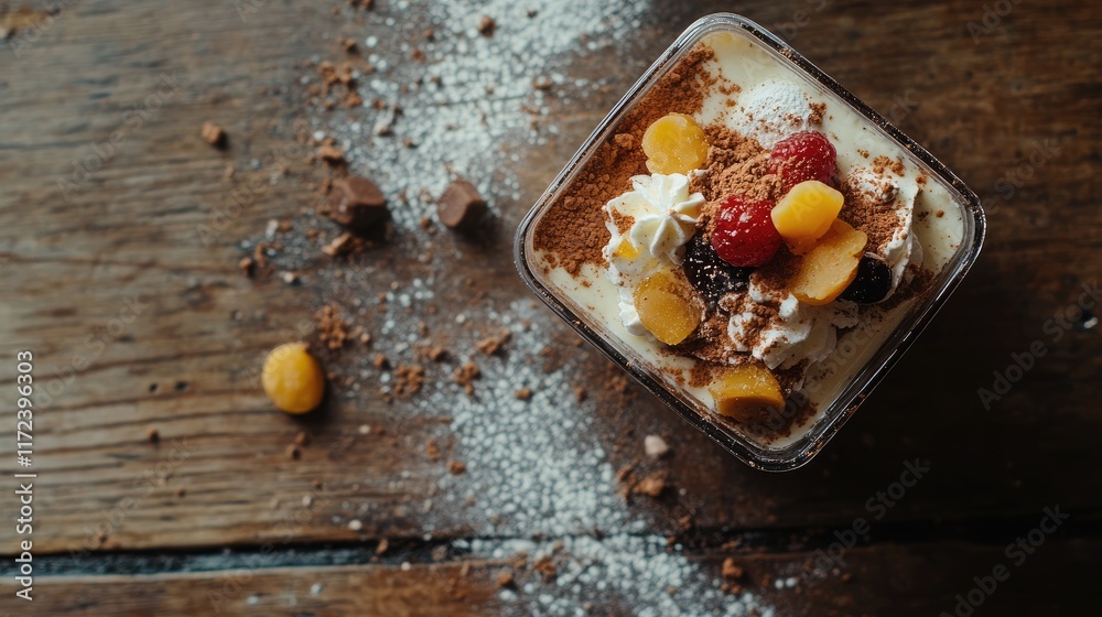 Poster Overhead view of dessert in a transparent container with fruits and cream on wooden table with scattered crumbs and powdered sugar