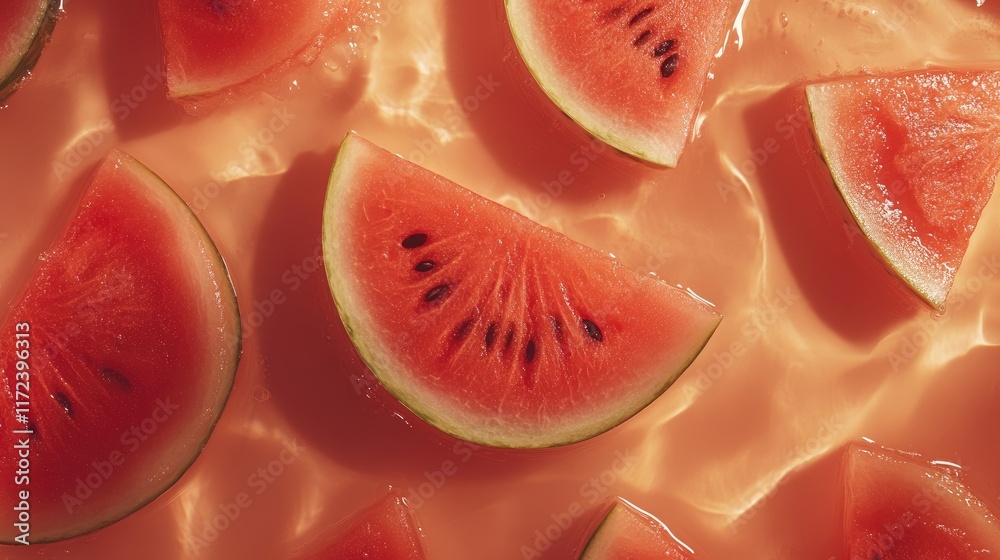 Poster overhead view of fresh watermelon slices arranged on a vibrant background showcasing summer freshnes