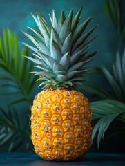 Obraz premium A vibrant pineapple stands against a lush green background, highlighting its tropical appeal.
