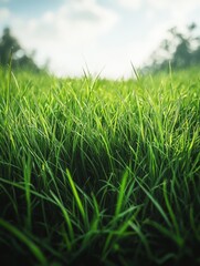 Obraz premium A close-up view of lush green grass under a bright sky, evoking nature's tranquility.
