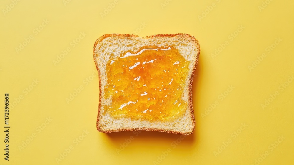 Poster overhead view of golden honey spread on a slice of bread against a vibrant yellow background for del