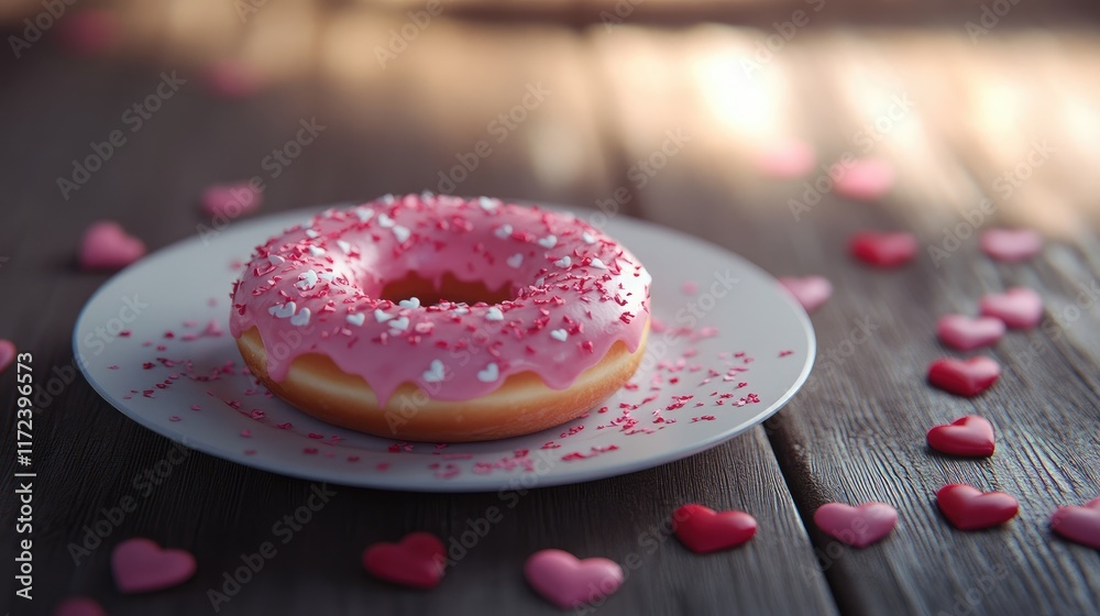 Aufkleber pink frosted donut on a white plate surrounded by heart-shaped sprinkles on a rustic wooden table cr
