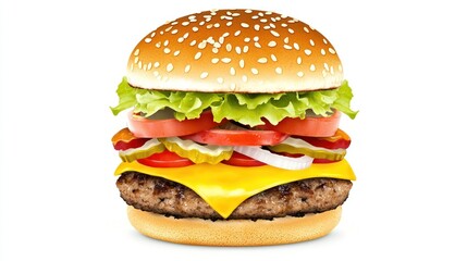 A delicious hamburger with lettuce, tomato, cheese, and pickles.