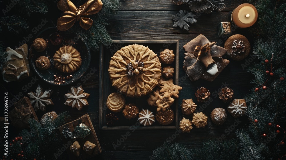 Aufkleber festive overhead arrangement of assorted cookies biscuits and decorative ornaments on rustic wooden 