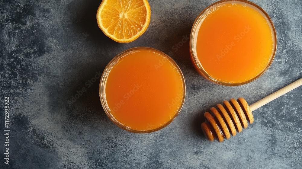 Poster overhead view of two vibrant orange smoothies with honey dipper and fresh orange slice on textured g