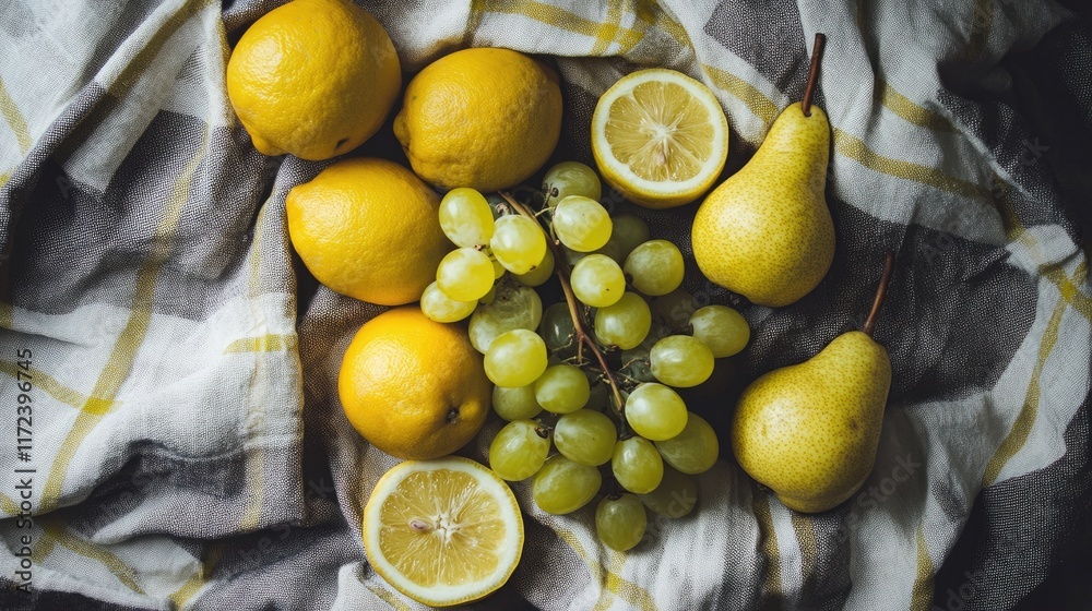 Aufkleber overhead arrangement of fresh lemons pears and green grapes on a textured tablecloth backdrop for cu