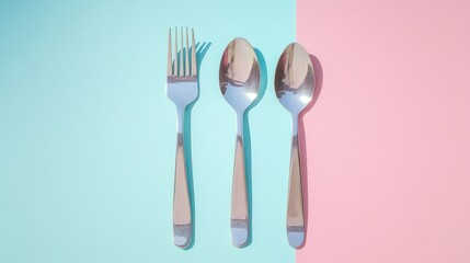 Eco friendly stainless steel cutlery arranged on pastel blue and pink background showcasing sustainable dining options