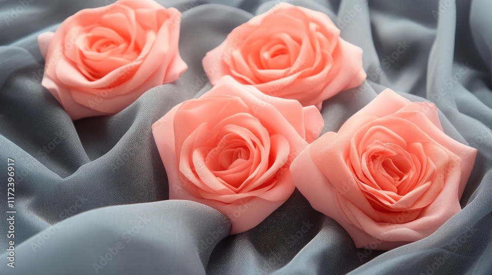 Aufkleber delicate pink fabric roses arranged elegantly on a soft gray silk background creating a romantic and