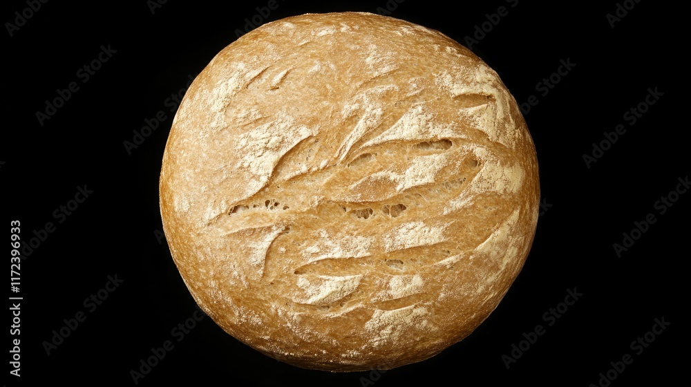 Poster overhead view of a freshly baked round loaf of bread with a rustic crust on a dark background