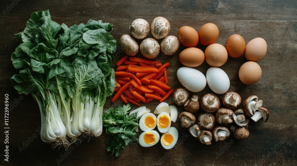 Poster overhead view of fresh ingredients for soup including vegetables eggs and mushrooms arranged on a ru
