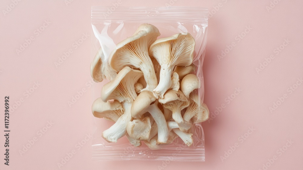 Aufkleber oyster mushrooms in a clear package on a pastel background minimalist food presentation for culinary