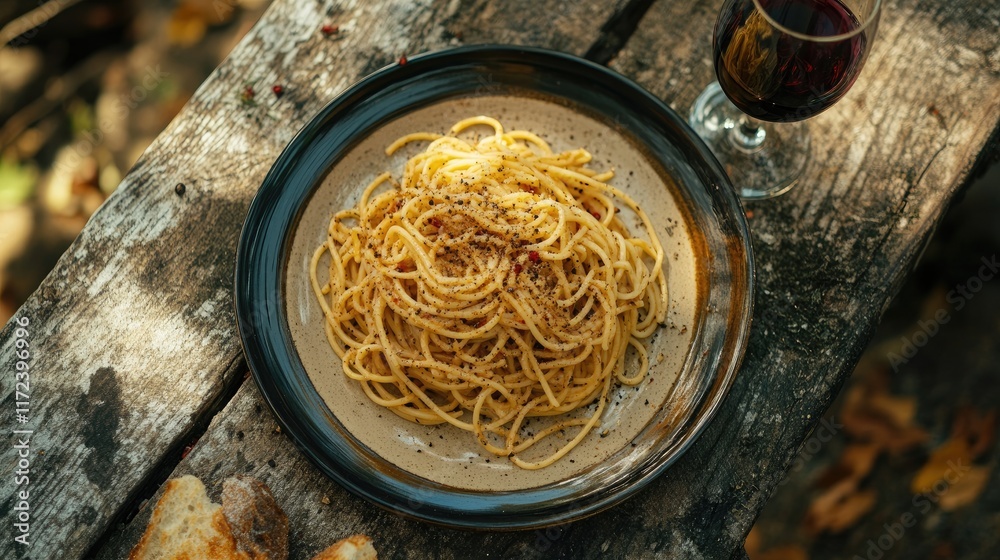 Poster overhead view of spaghetti with ground pepper served on a rustic plate alongside a glass of red wine