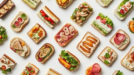 Diverse assortment of gourmet sandwiches arranged artistically on a white background showcasing vibrant colors and textures