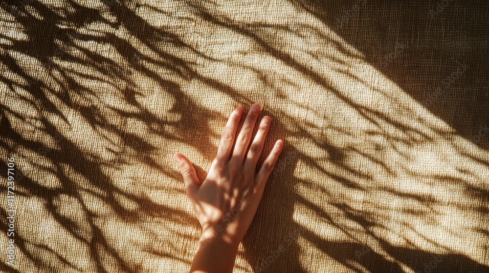 Poster Overhead view of a hand resting on textured fabric with intricate shadow patterns from nearby foliage