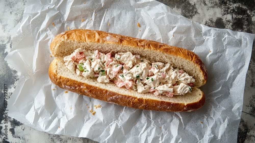 Poster Overhead view of chicken salad sandwich on baguette served in wax paper with fresh herbs and creamy filling on rustic background