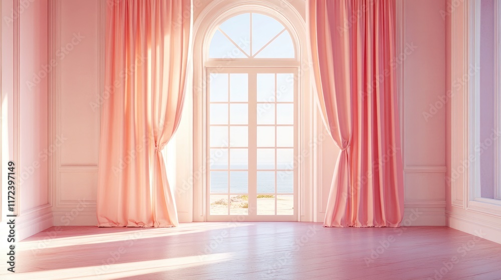 Poster Sunlit room with soft pink curtains framing a doorway and stunning ocean view through large windows, creating a serene ambiance.