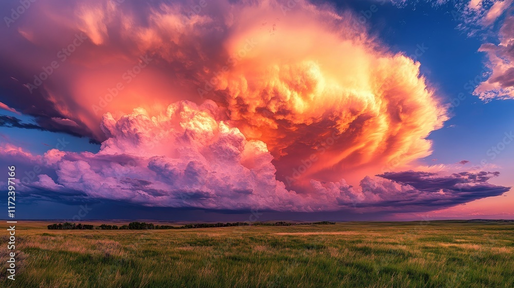 Aufkleber dramatic sunset clouds displaying vibrant pink hues over a vast landscape with green fields and a pi