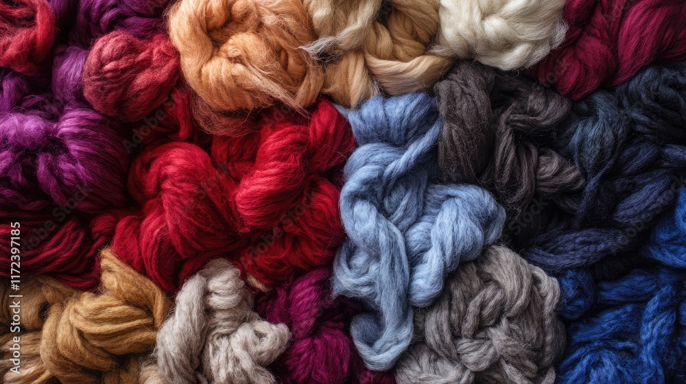 Poster Vibrant assortment of colorful wool fibers in various textures displayed from an overhead perspective