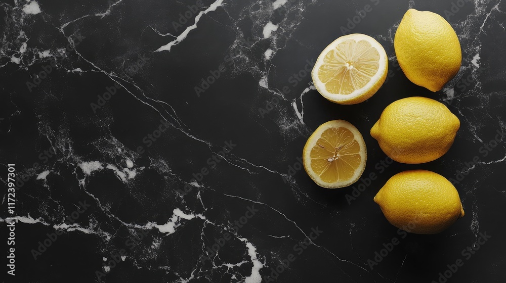 Poster overhead view of fresh whole and halved lemons on dark marble background
