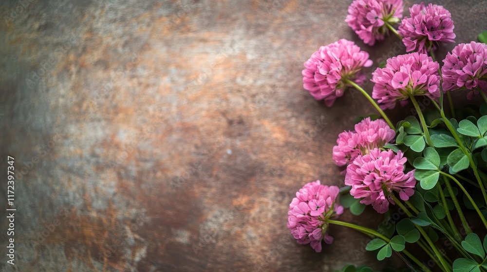 Poster pink clover flowers on table with rustic background in natural light