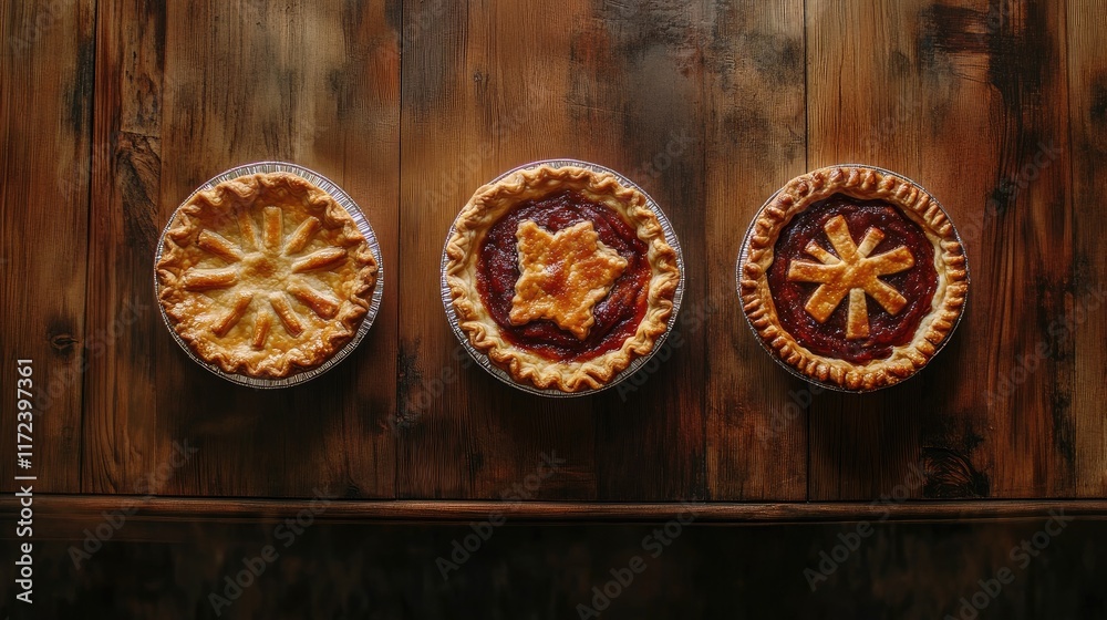 Poster overhead view of three delicious homemade pies on a rustic wooden table showcasing unique crust desi