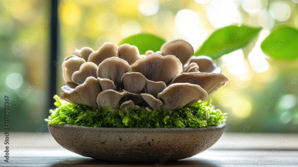 Aufkleber oyster mushrooms on vibrant green moss in natural setting with soft blurred background highlighting 