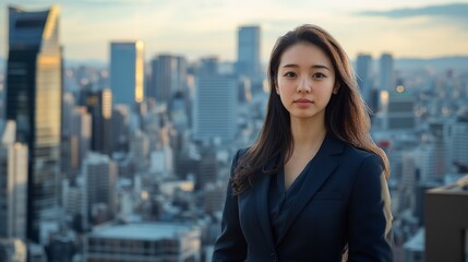 Confident asian female adult in business attire with city skyline in background