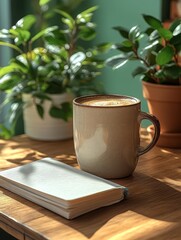 A cozy scene featuring a mug of coffee next to a notebook and potted plants on a wooden table.