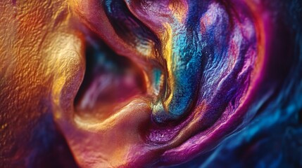An abstract representation of an ear in vibrant colors. This design showcases sound and communication in a unique way. Explore the beauty of auditory senses. Generative AI