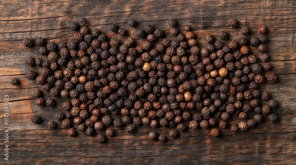 Poster overhead view of assorted peppercorns scattered on rustic wooden surface showcasing their unique tex