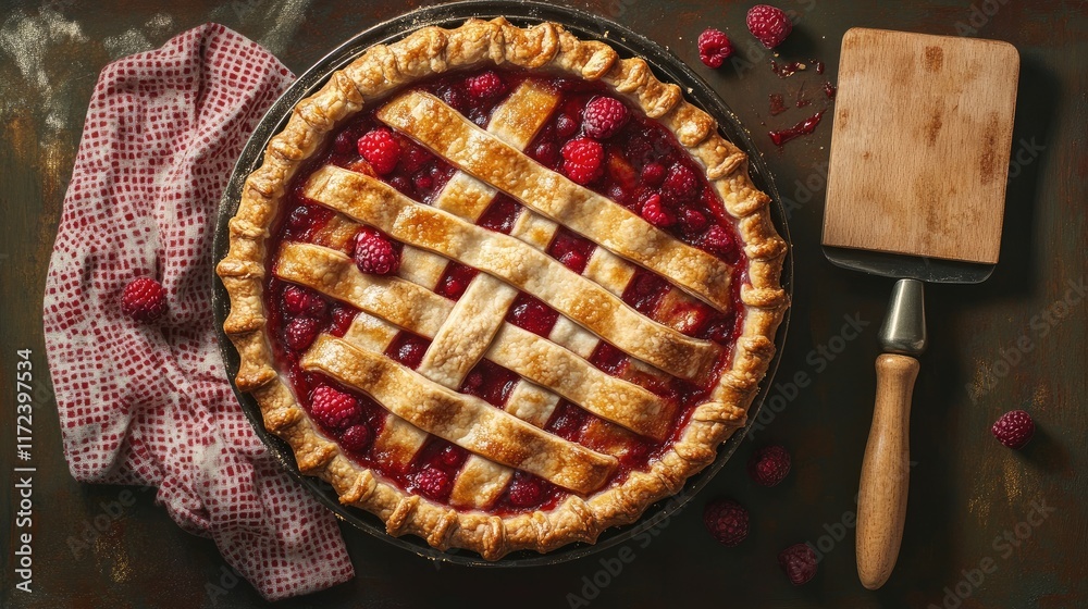 Poster Overhead view of freshly baked raspberry pie with a rolling pin and serving spatula on a rustic wooden surface