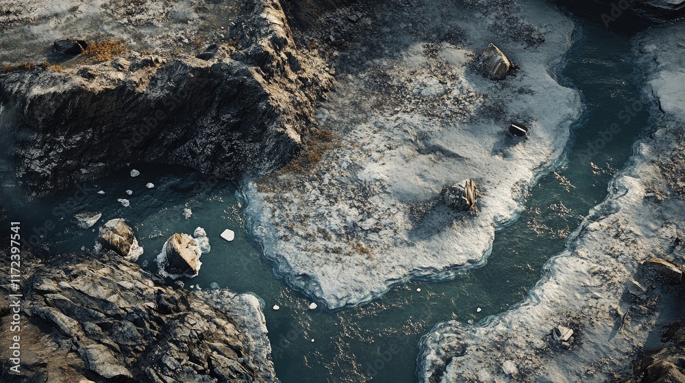 Poster aerial view of glacial river basin showcasing scattered ice chunks and natural rocks creating a stun
