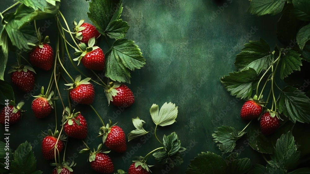 Poster overhead view of fresh strawberries with green leaves on a textured background ideal for summer culi