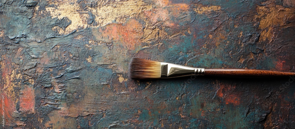 Poster textured wooden surface with a paintbrush for artistic projects enhancing creativity and inspiration