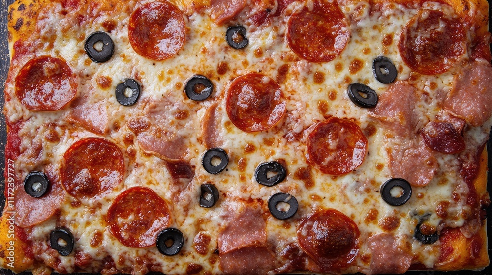 Poster delicious overhead view of pepperoni and olive pizza showcasing a cheesy and appetizing crust filled