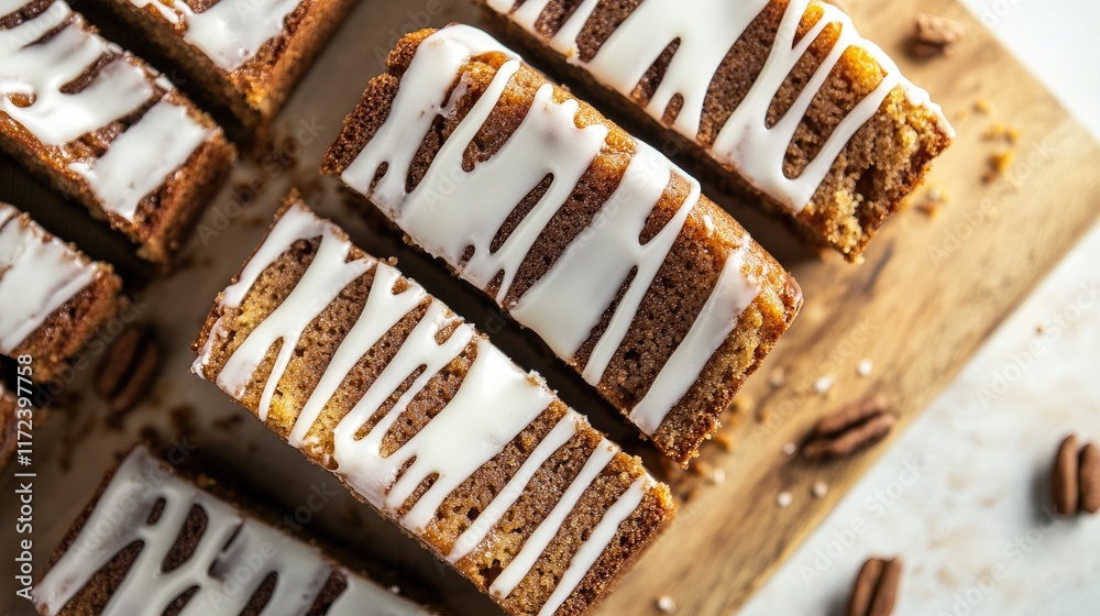 Poster overhead view of moist pound cake slices drizzled with sweet icing on a wooden board with pecans sca